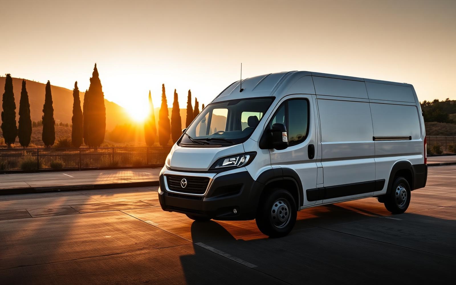 White commercial cargo van parked outdoors during golden hour sunset